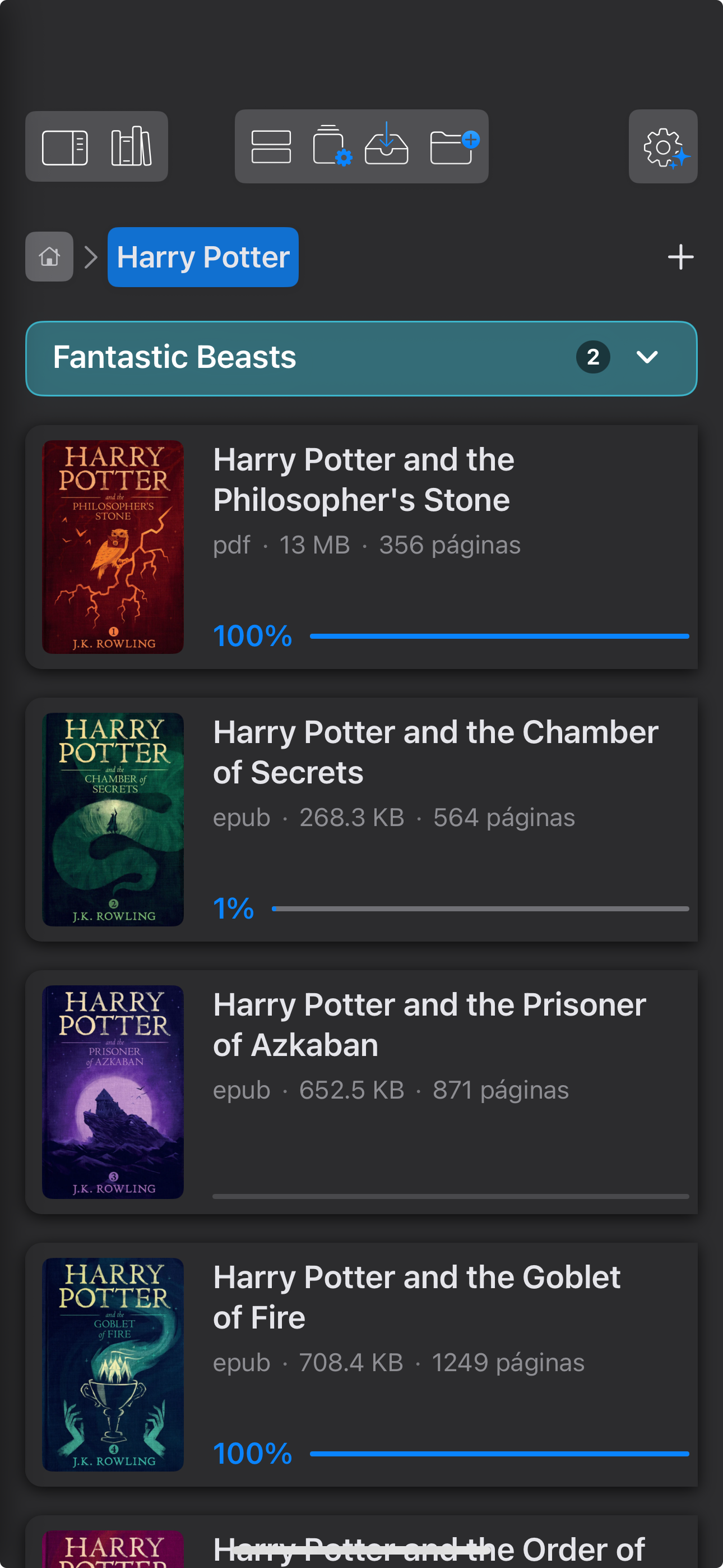 Andrea Reader on iPhone showing reading progress across a collection