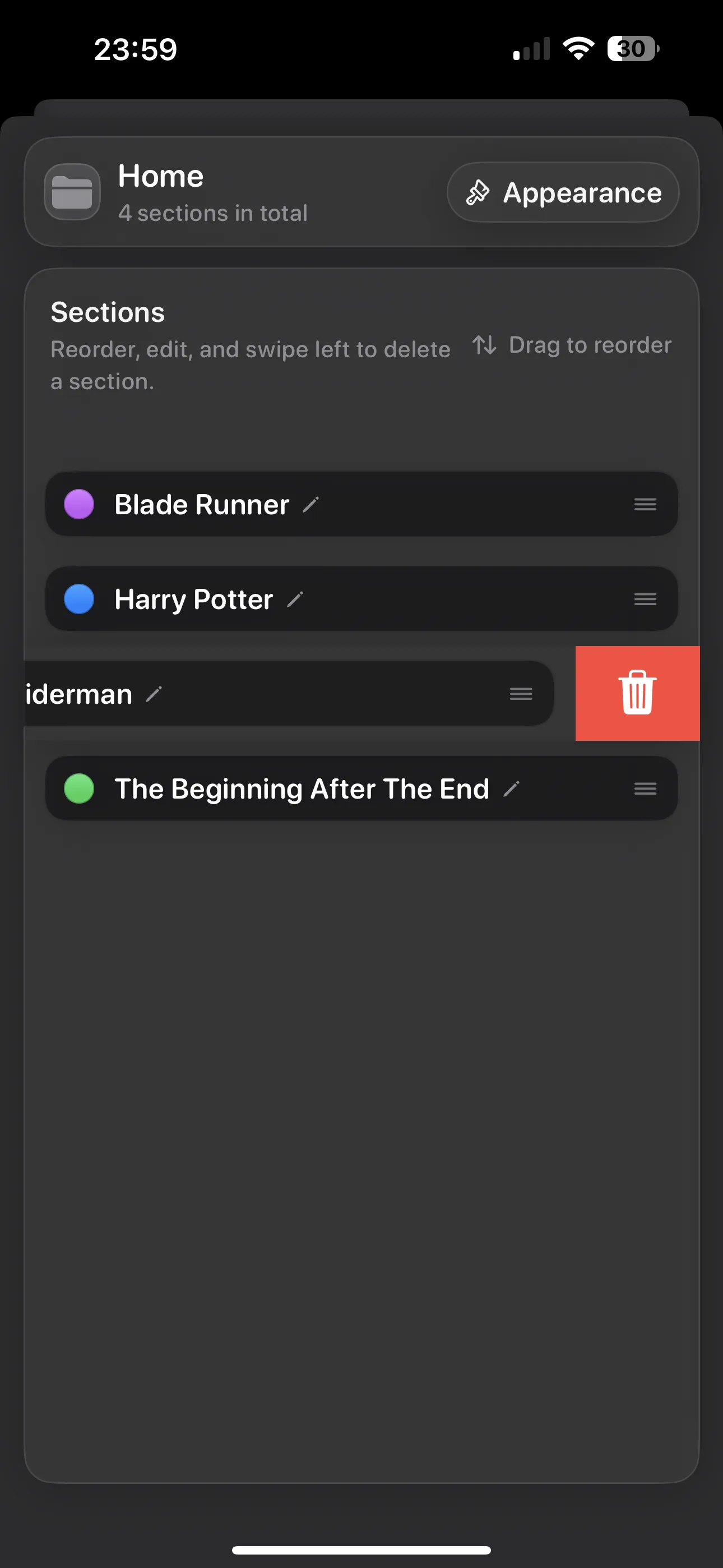 Andrea Reader on iPhone showing folder customization tools