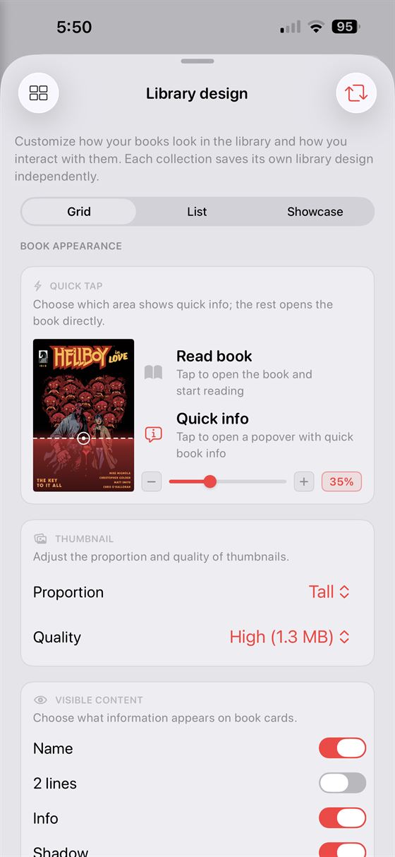 Andrea Reader on iPhone showing library design customization